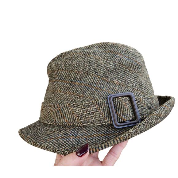 VTG 60s Knox New York Fedora Hat sz 7 3/8 Wool Tweed Buckled Multicolored Green - Picture 1 of 8